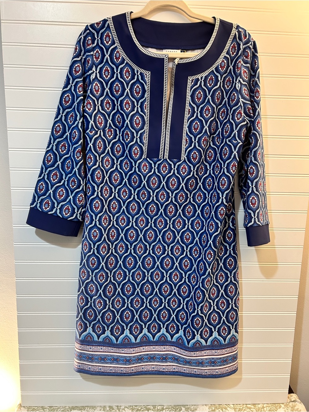 Cabana Life Size L Bondi Beach Tunic Shift Dress 3/4 Length Sleeves Navy/White